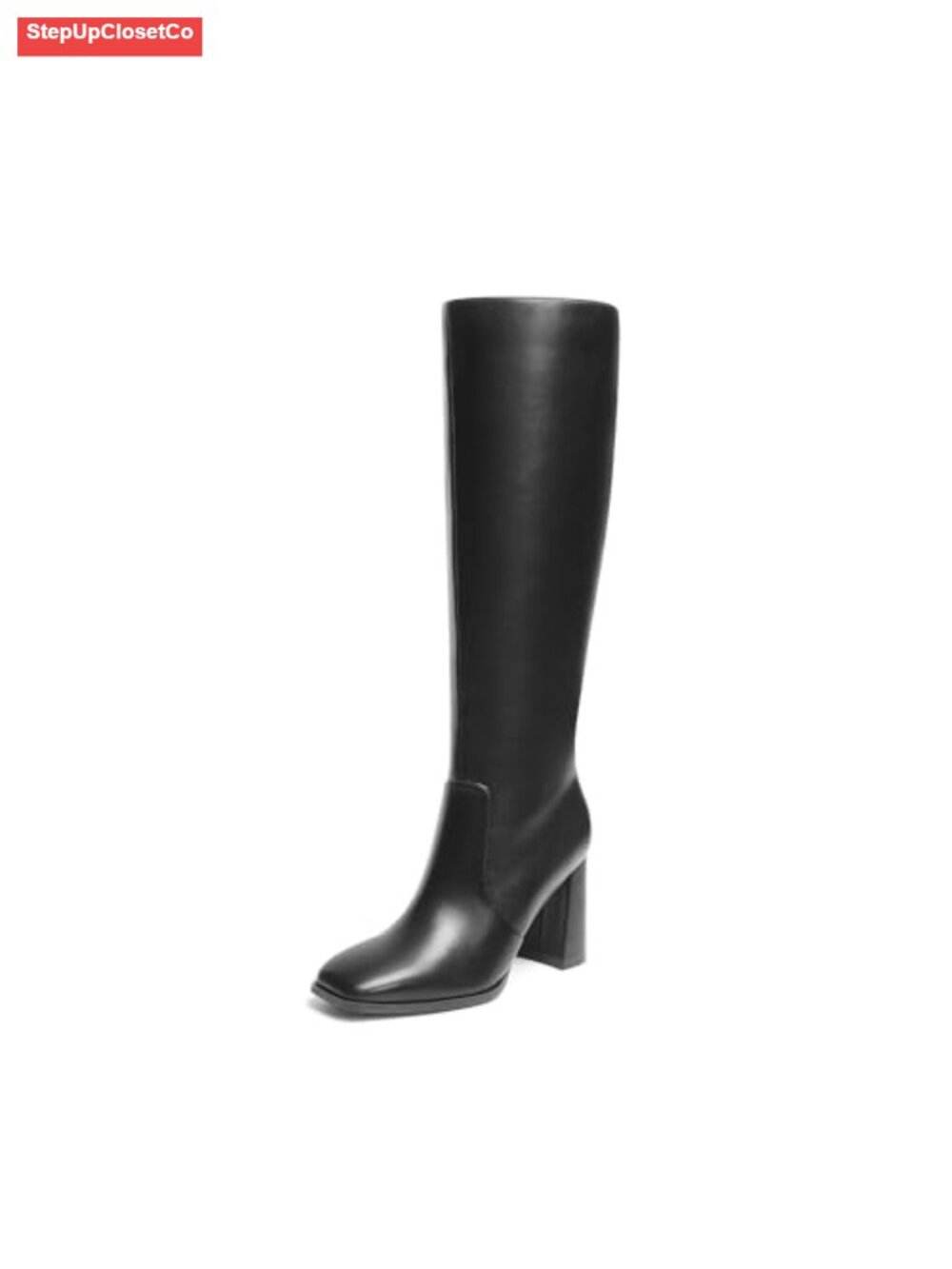 Faux Leather Square Toe Knee High Heeled Boots